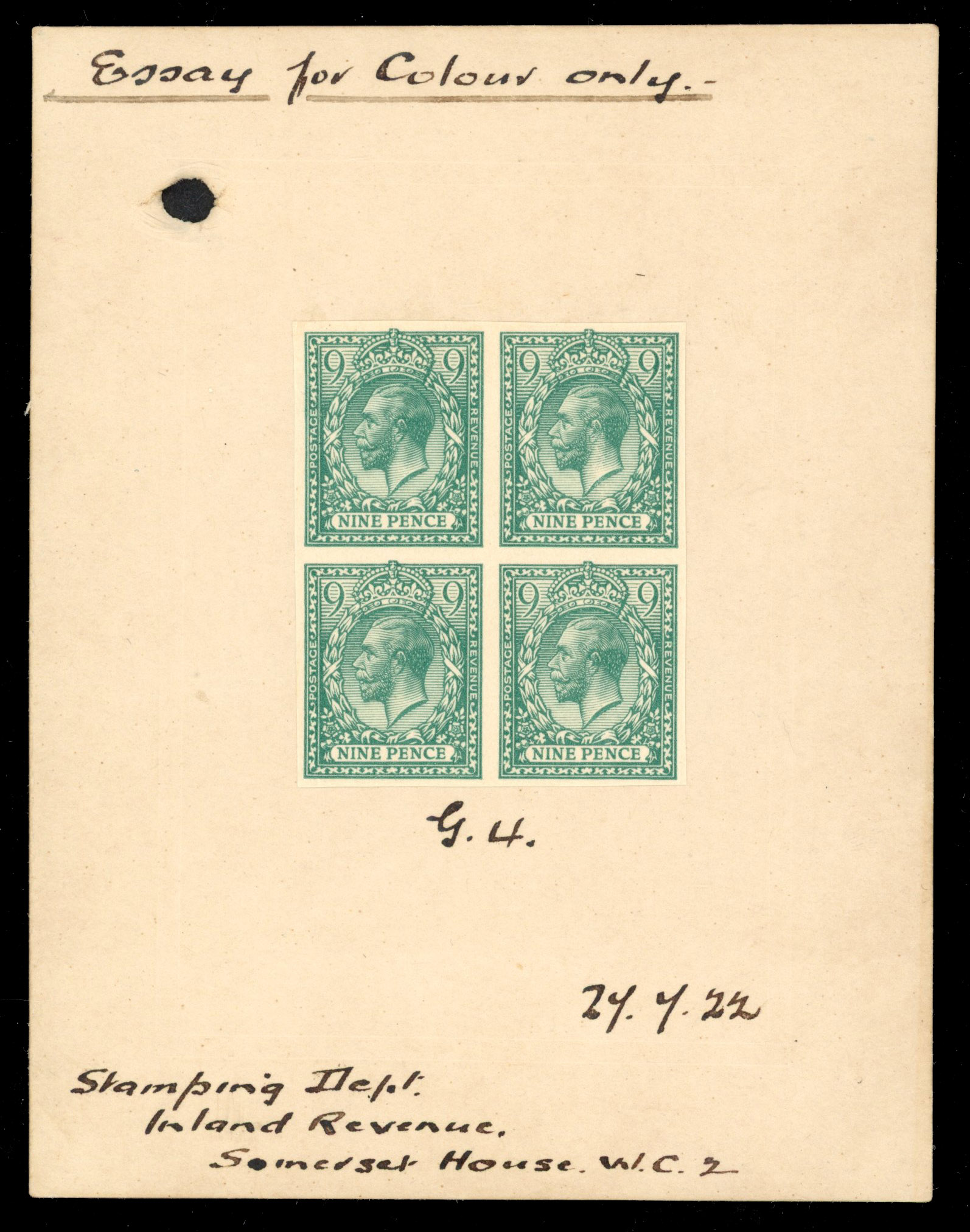 GB 1922 9d olive-green colour trials block of four, stamping dept, SG 393a var