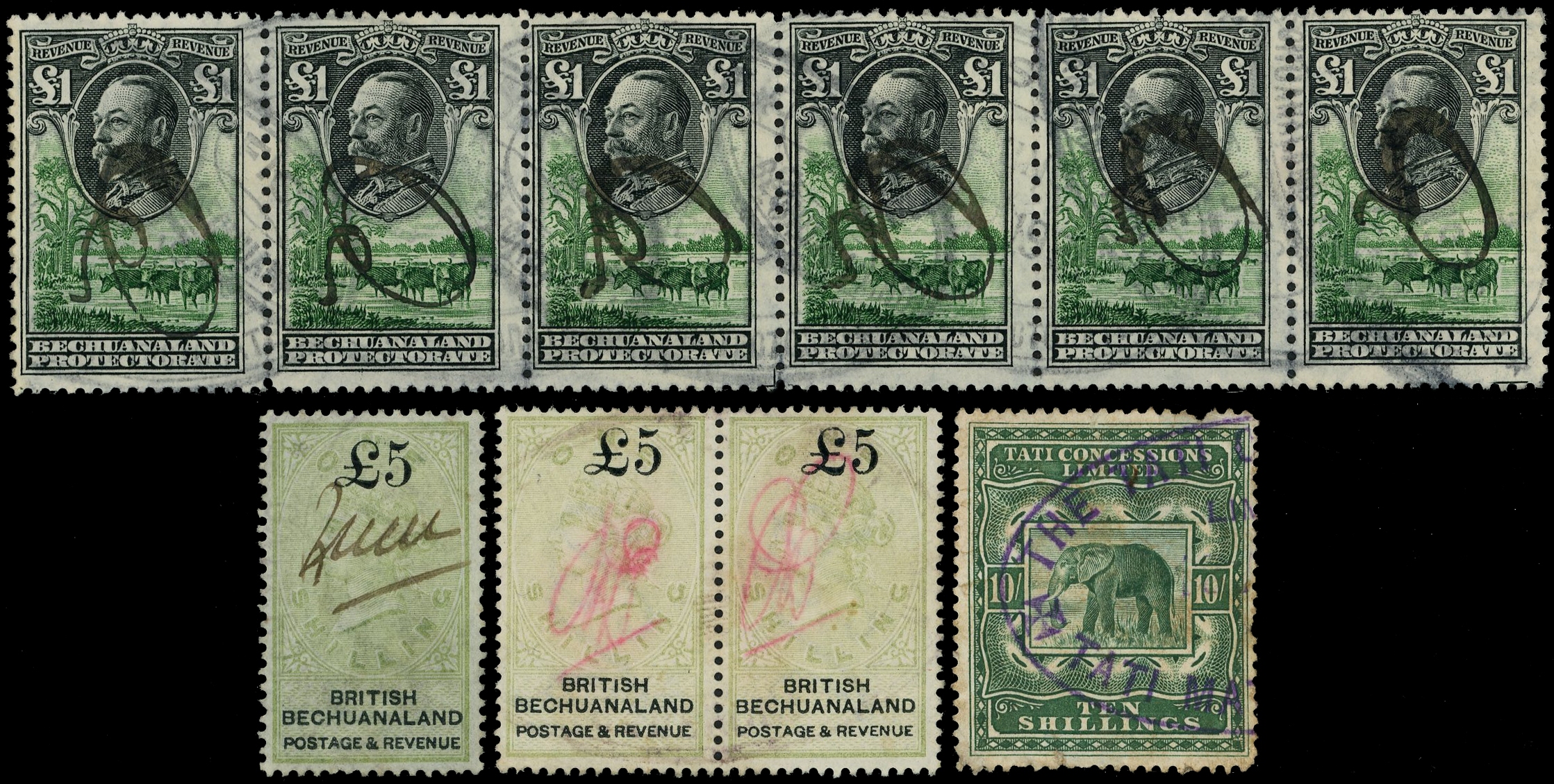 Used revenue group including 1918 £5 on 1s x3, Tati Concessions 10s