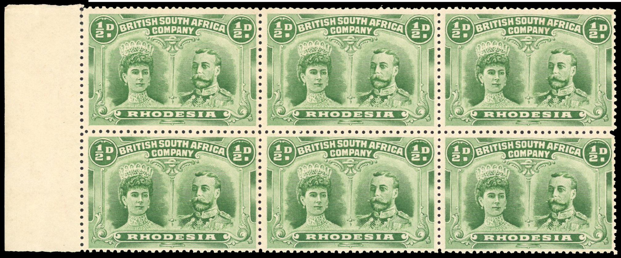 Rhodesia 1910-13 ½d bluish green perf 14 block of 6 unmounted