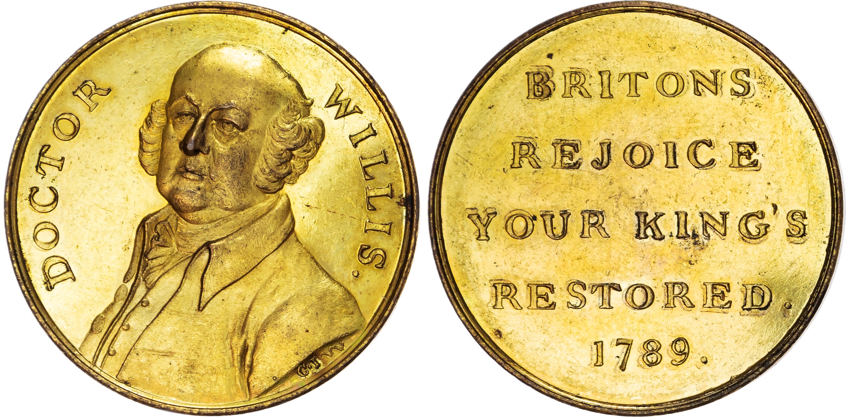 London , Social Series, gilded Penny 1789, Bust of Dr. Willis half left, rev. BRITONS REJOICE YOUR KING’S REST…
