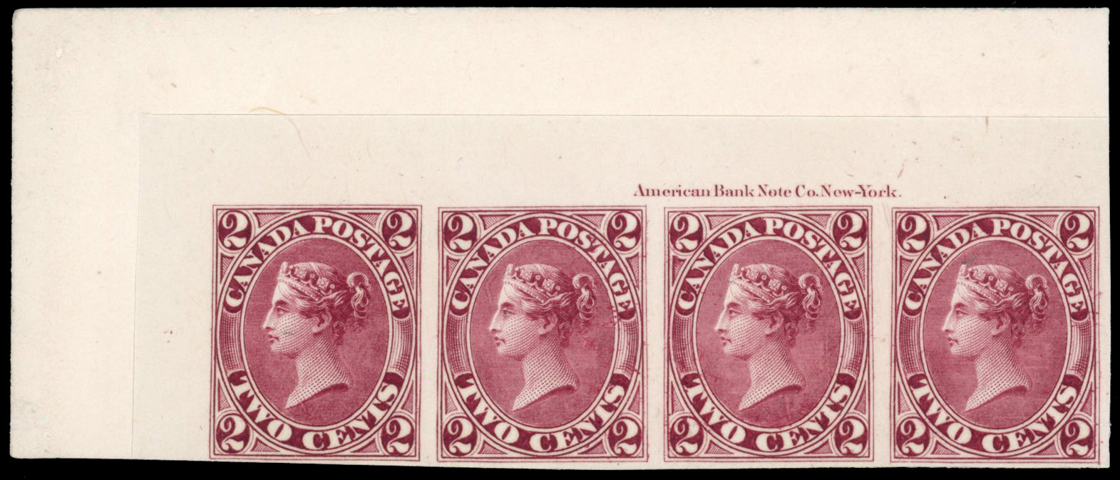 Canada SG 44 1864 2c plate proof strip in claret