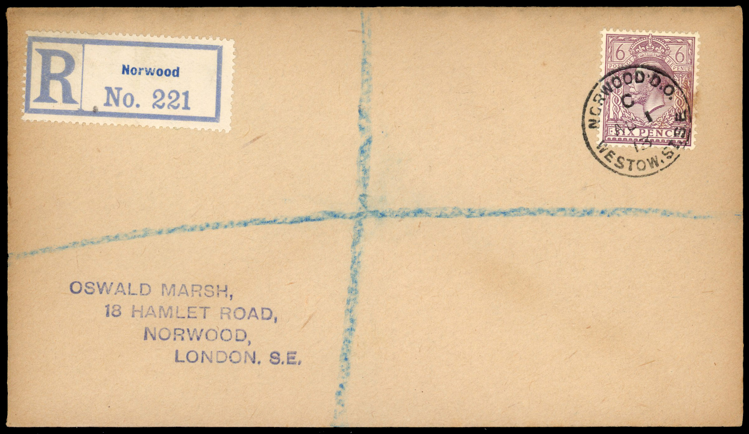 1913 6d Dull purple. Very fine used example tied to a plain 'Marsh' registered FDC