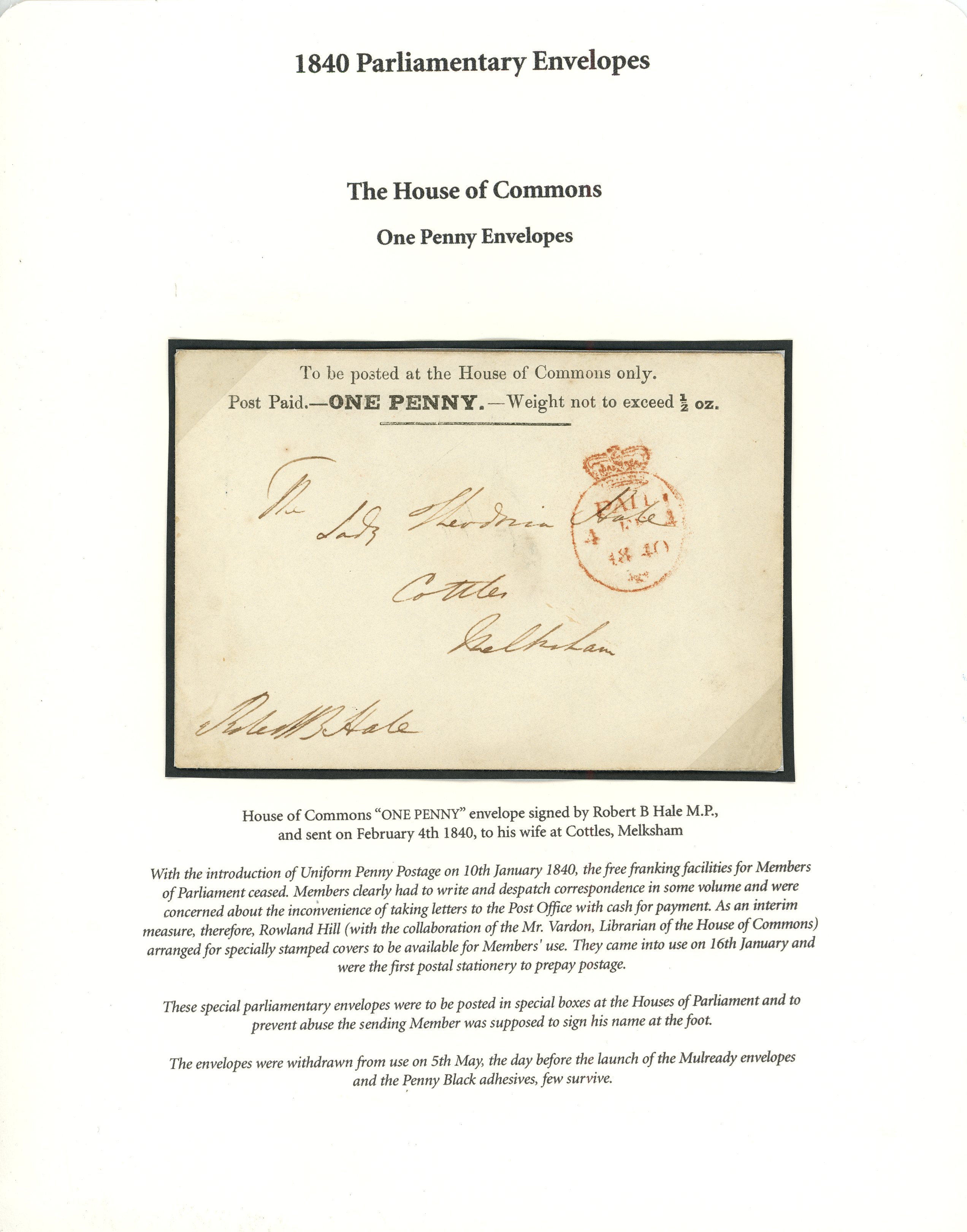 1840 (February 4th) House of Commons "ONE PENNY" printed envelope, signed by Robert B Hale...