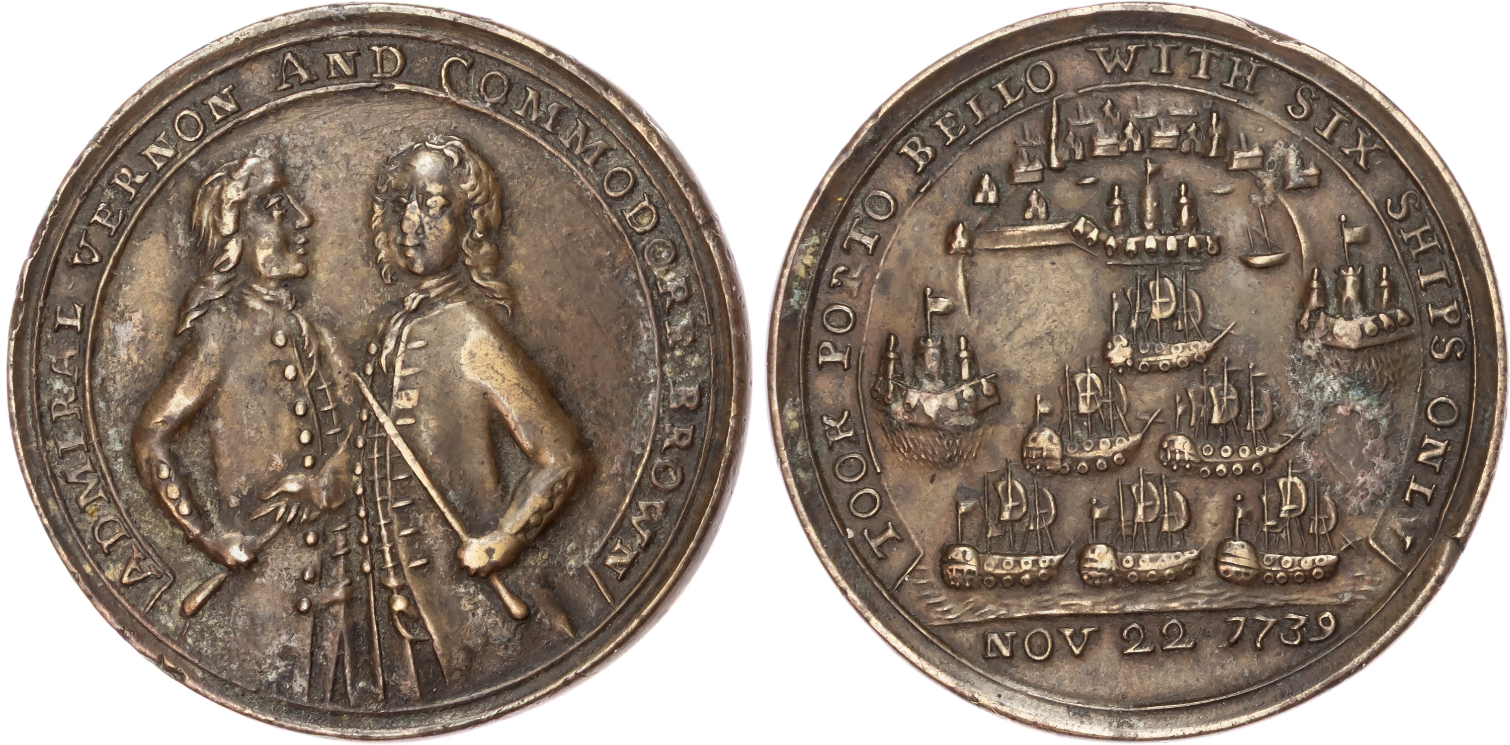 Raid on Porto Bello 1739 by Admiral Vernon, Cast brass medal (1740), unknown maker.