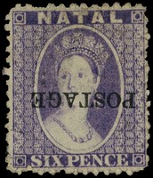 1876 6d violet with seriffed POSTAGE overprint inverted, o.g., a few short perfs, not mentioned on 1983 Friedl Certificate