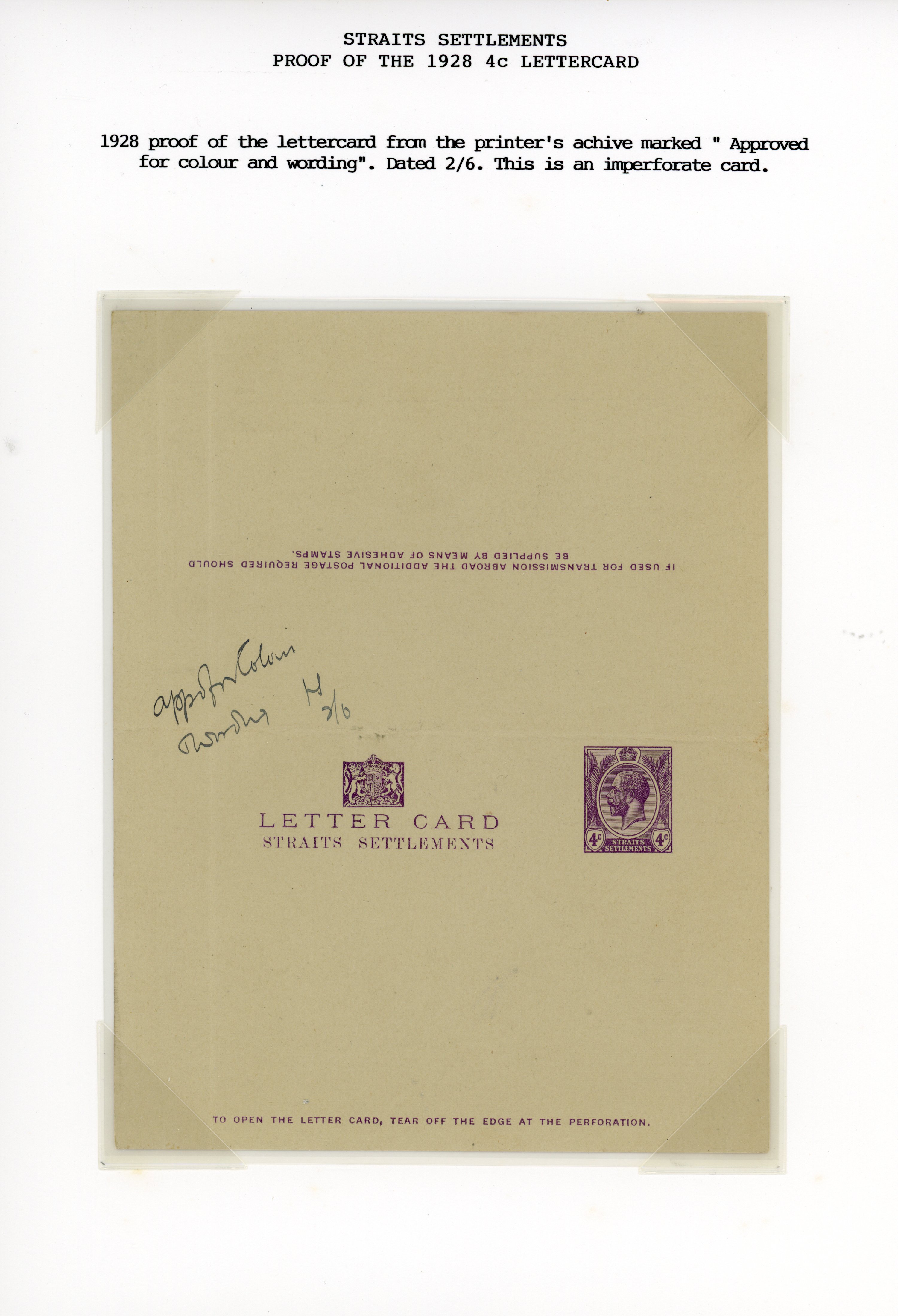 Straits Settlements 1928 4c letter card proofs (2)