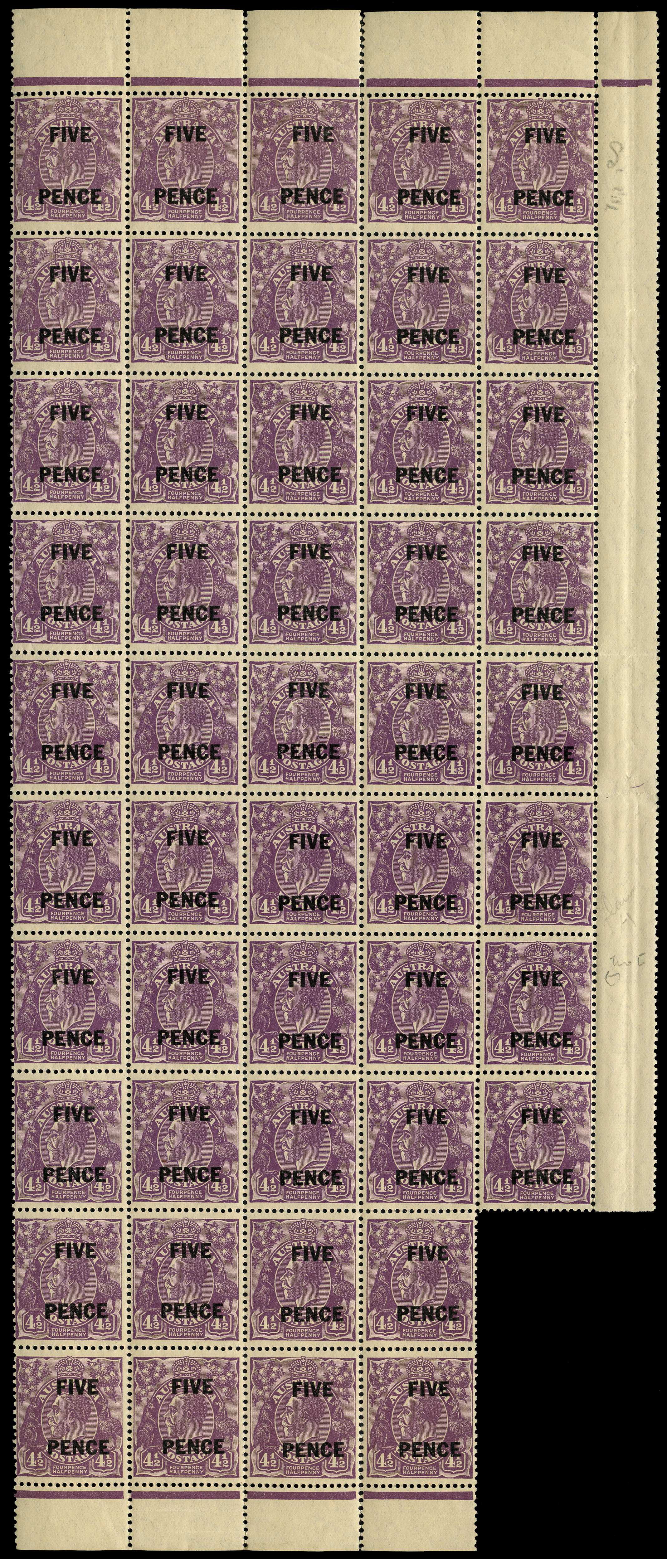Australia 1930 5d on 4½d violet in irregular block of 48, SG 120.