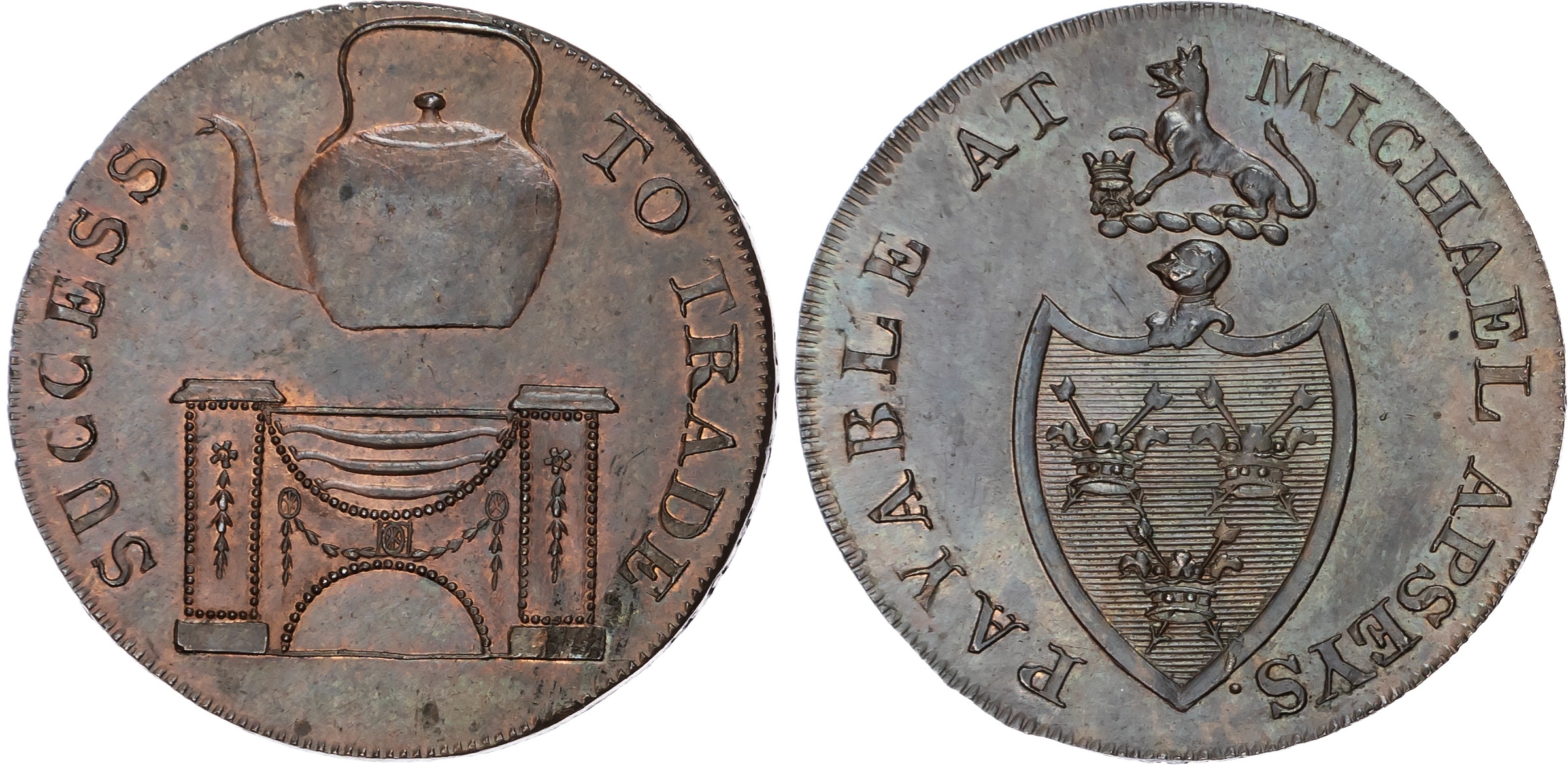 Suff. Bury St. Edmunds . Michael Apsey, (ironmonger and tinman) Halfpenny undated, Arms of the town, rev. Kett…