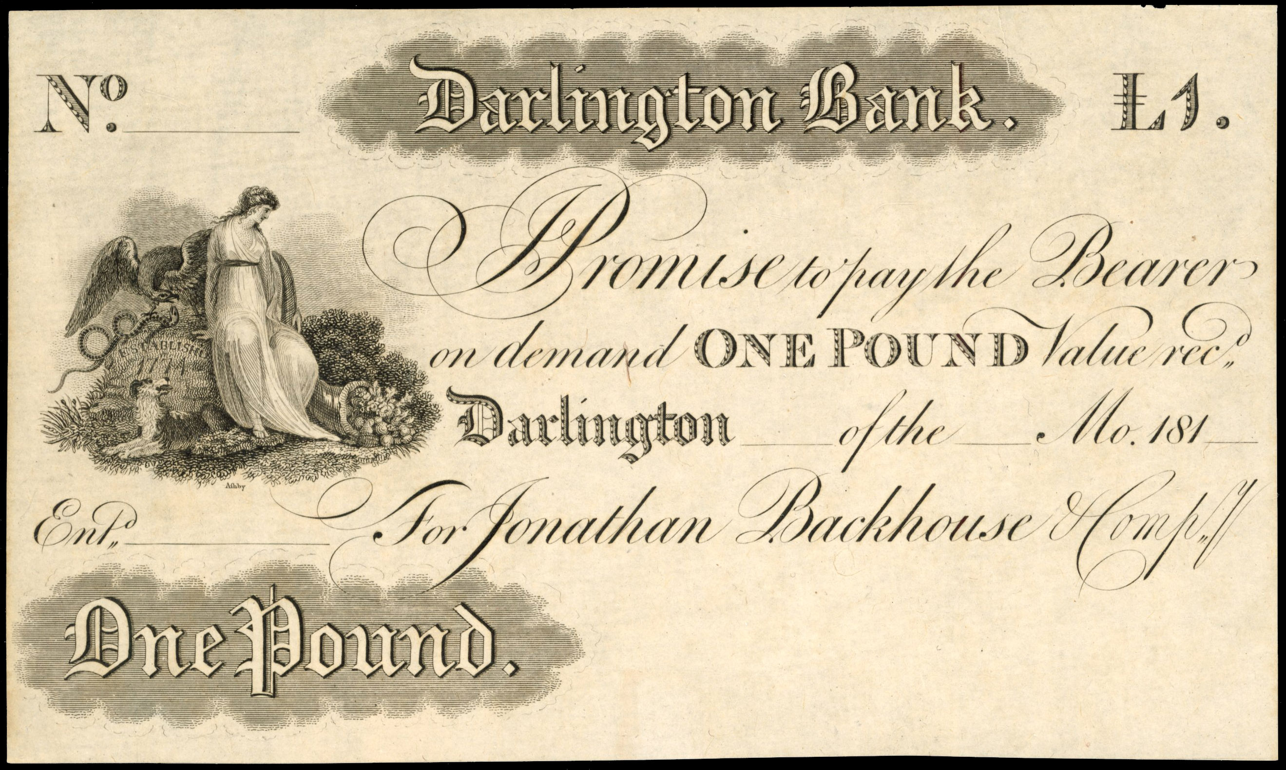 DARLINGTON, Darlington Bank for Jonathan Backhouse & Co., Unissued £1.,no signature, no serial no. Standing wo…