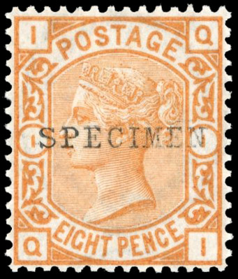 GB 1873-80 8d orange, Pl. 1 (QI), optd SPECIMEN Type 9, superb, SG 156s