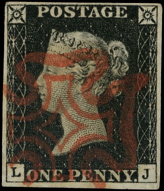 GB: 1840 1d black plate 2 (LJ), close to four margin, crisp red MC, fine...
