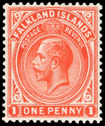 FALKLAND ISLANDS: 1912 1d orange-red on thick greyish paper with watermark reversed variety, fine unmounted o.g. SG 61dx £475