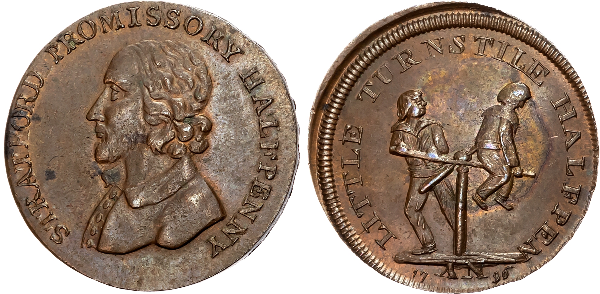 Warks . Stratford-on-Avon , Skidmore’s mule Halfpenny undated, Draped bust of Shakespeare left, rev. Two boys on a turns …