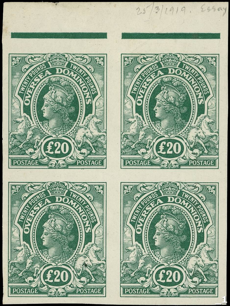 Great Britain 1919 £20 'Britannia' Overseas Dominion plate proof block of four 