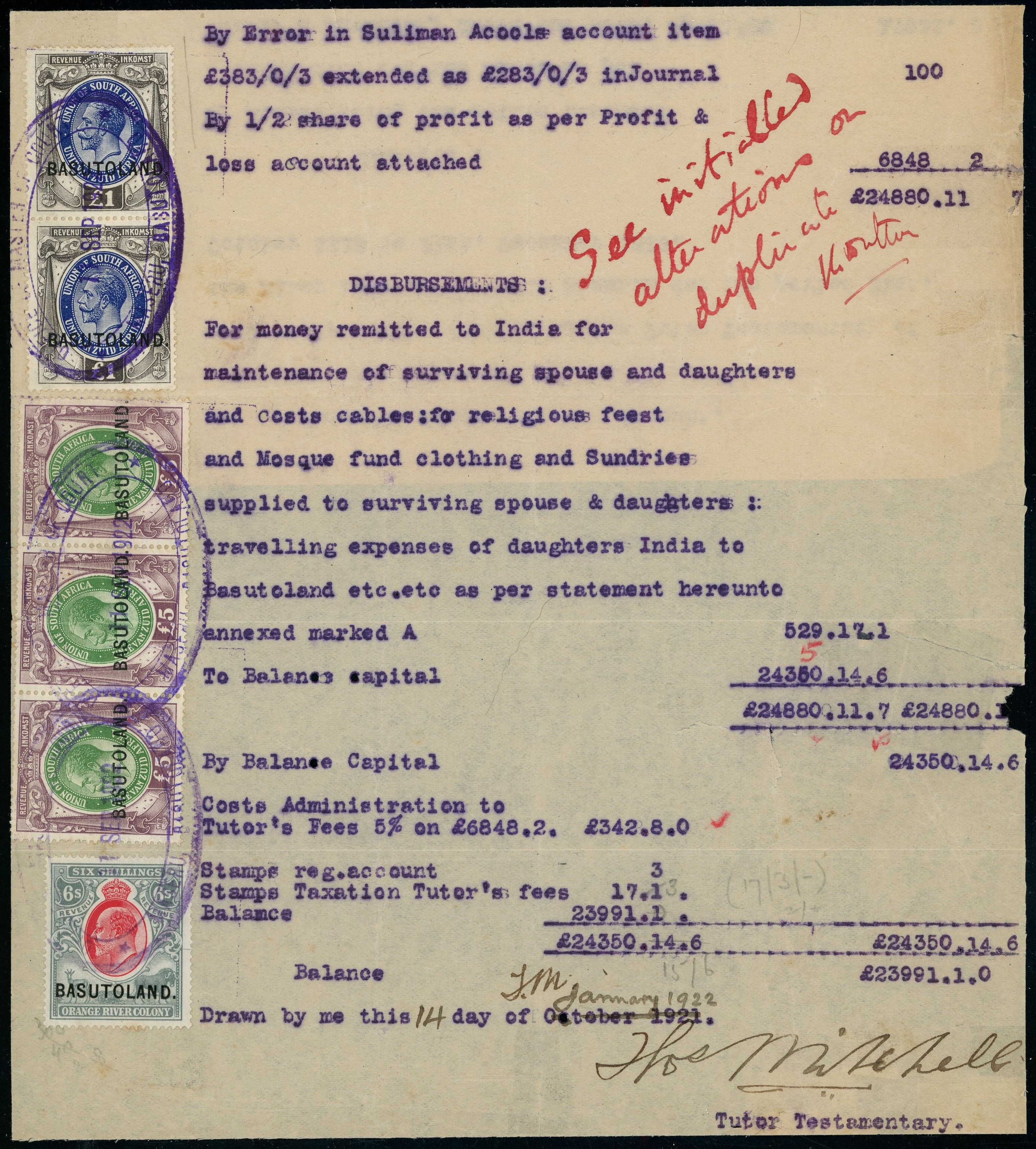 Basutoland c. 1922 (14 Jan)"Tutor's Statement of Account" document £17/6/- franking