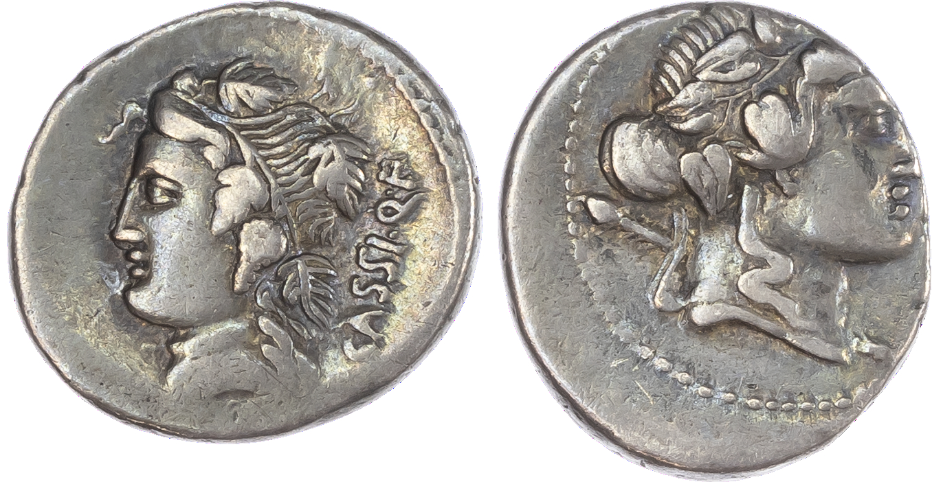 L. Cassius Q. f. Longinus (75 BC) AR Denarius, Rome, 3.83g. Head of Liber facing right, wearing a wreath of ivy and fruit.