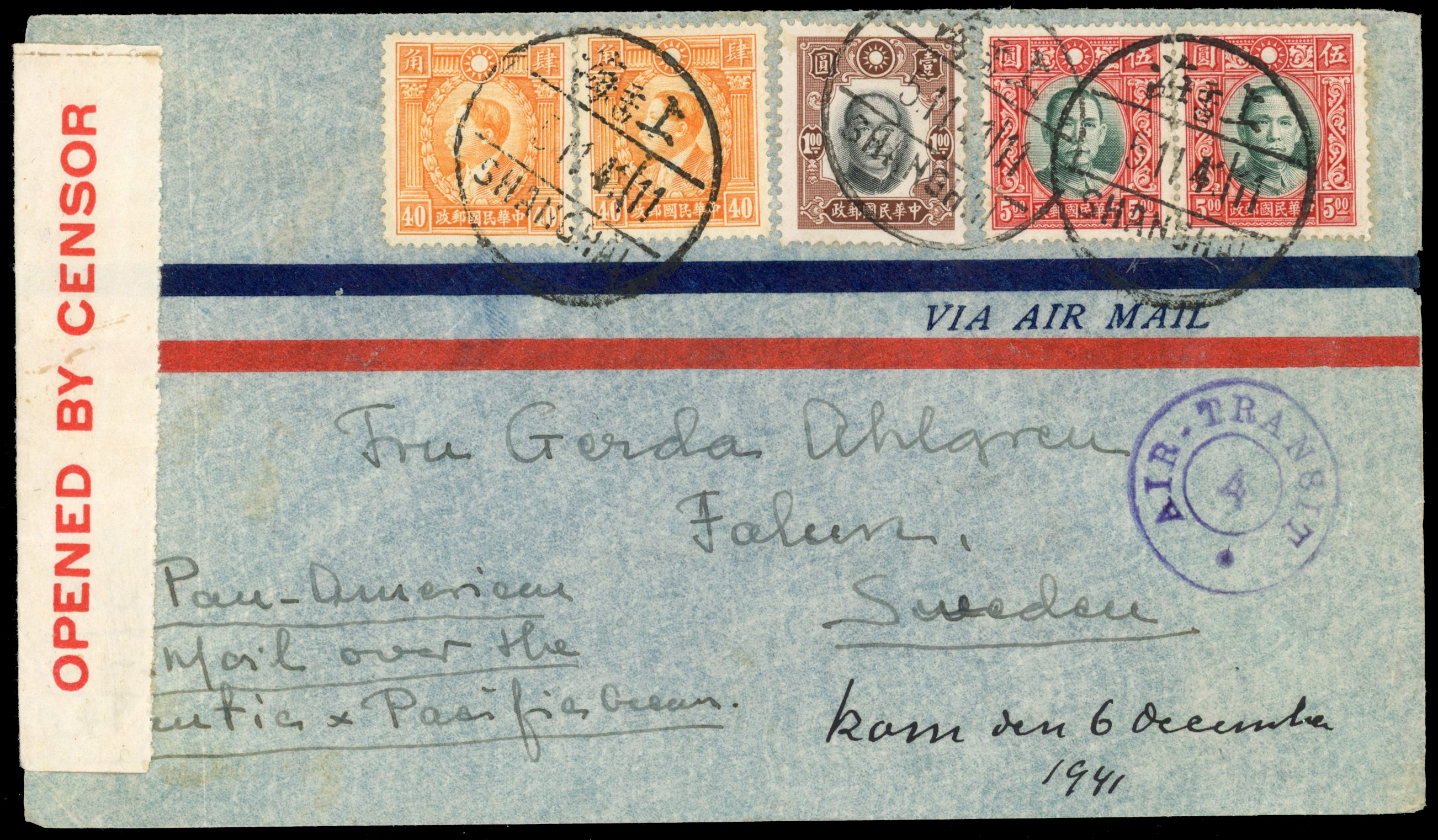 China 1941 rare Air Transit 4 handstamp censor cover to Sweden