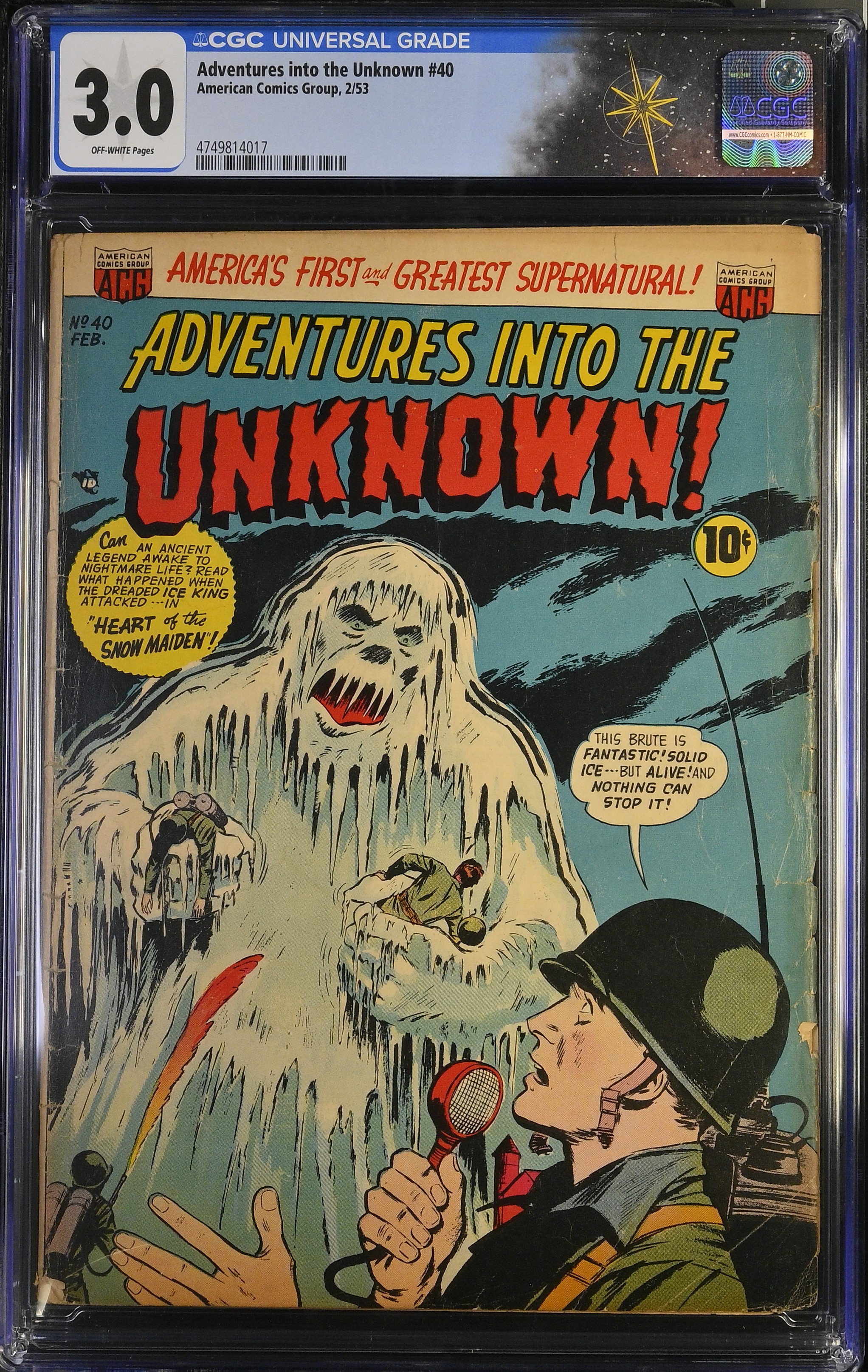 Adventures into the Unknown #40 CGC 3.0 Cover by Ken Bald (American Comics Group, 1953) Off-White Pages