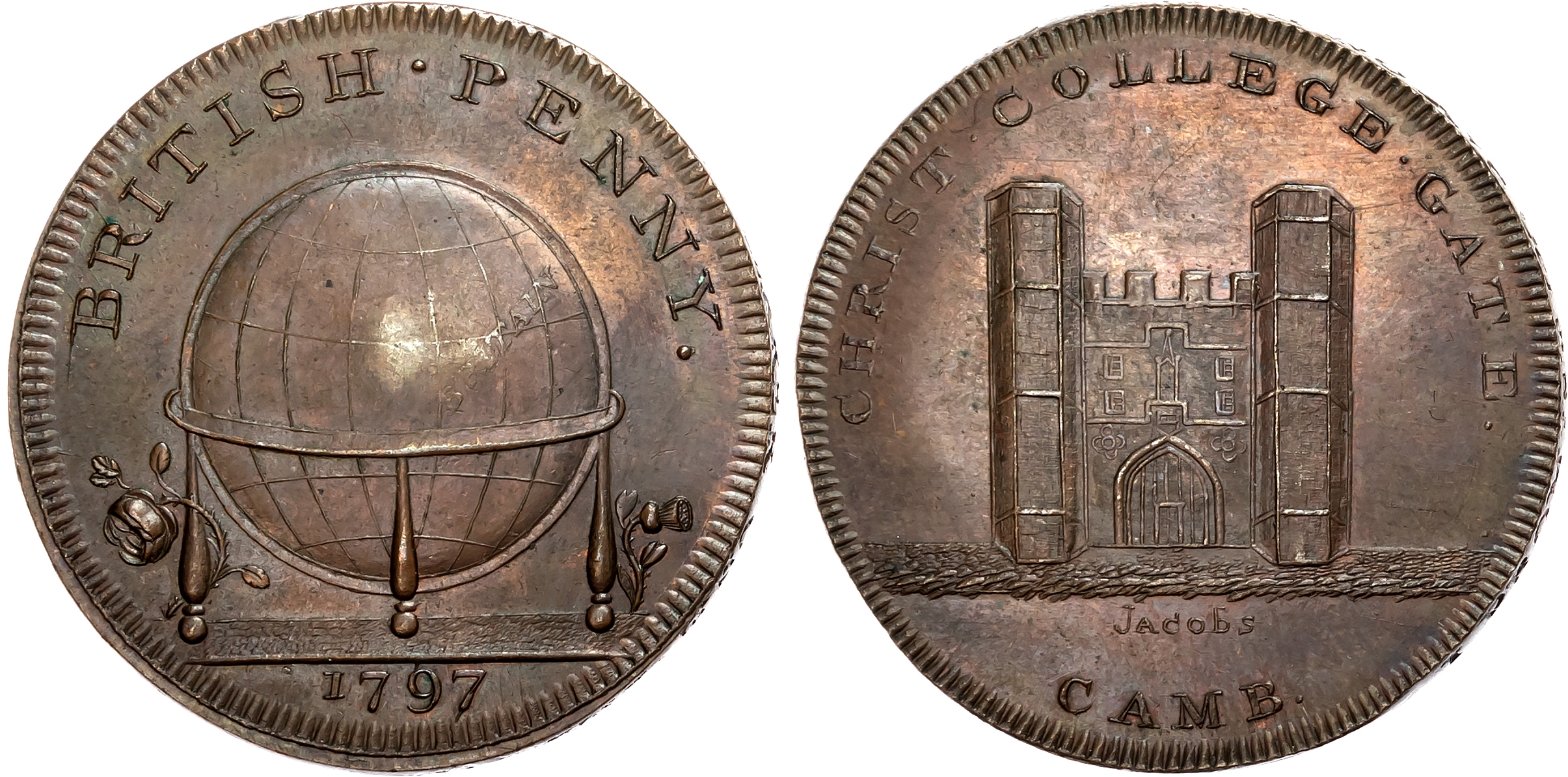 Cambs. Cambridge , Skidmore’s Globe Series British Penny 1797, Christ College Gate, Camb., rev . Globe between rose and …
