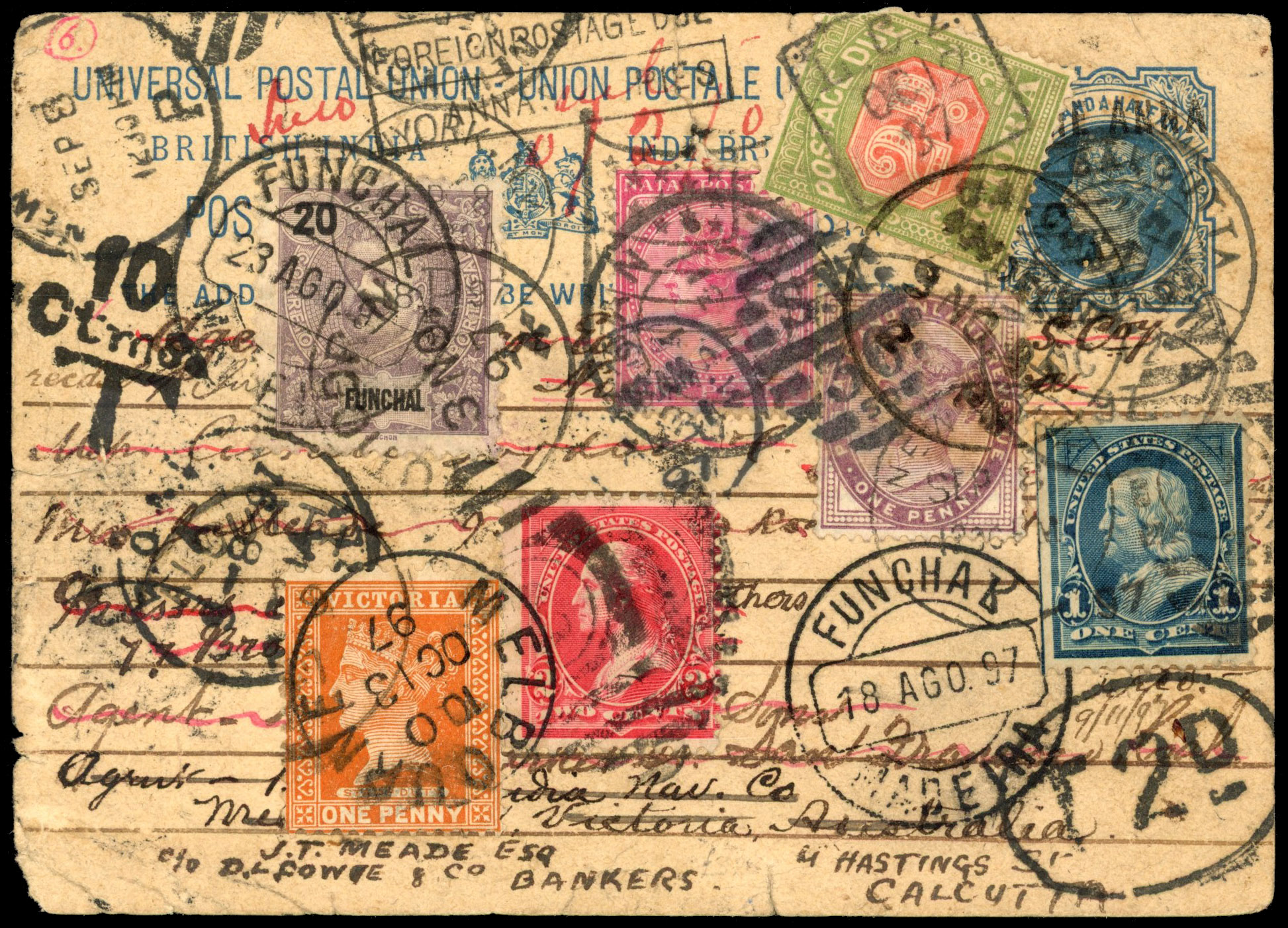 ALL WORLD Round-the -World card with seven-country franking