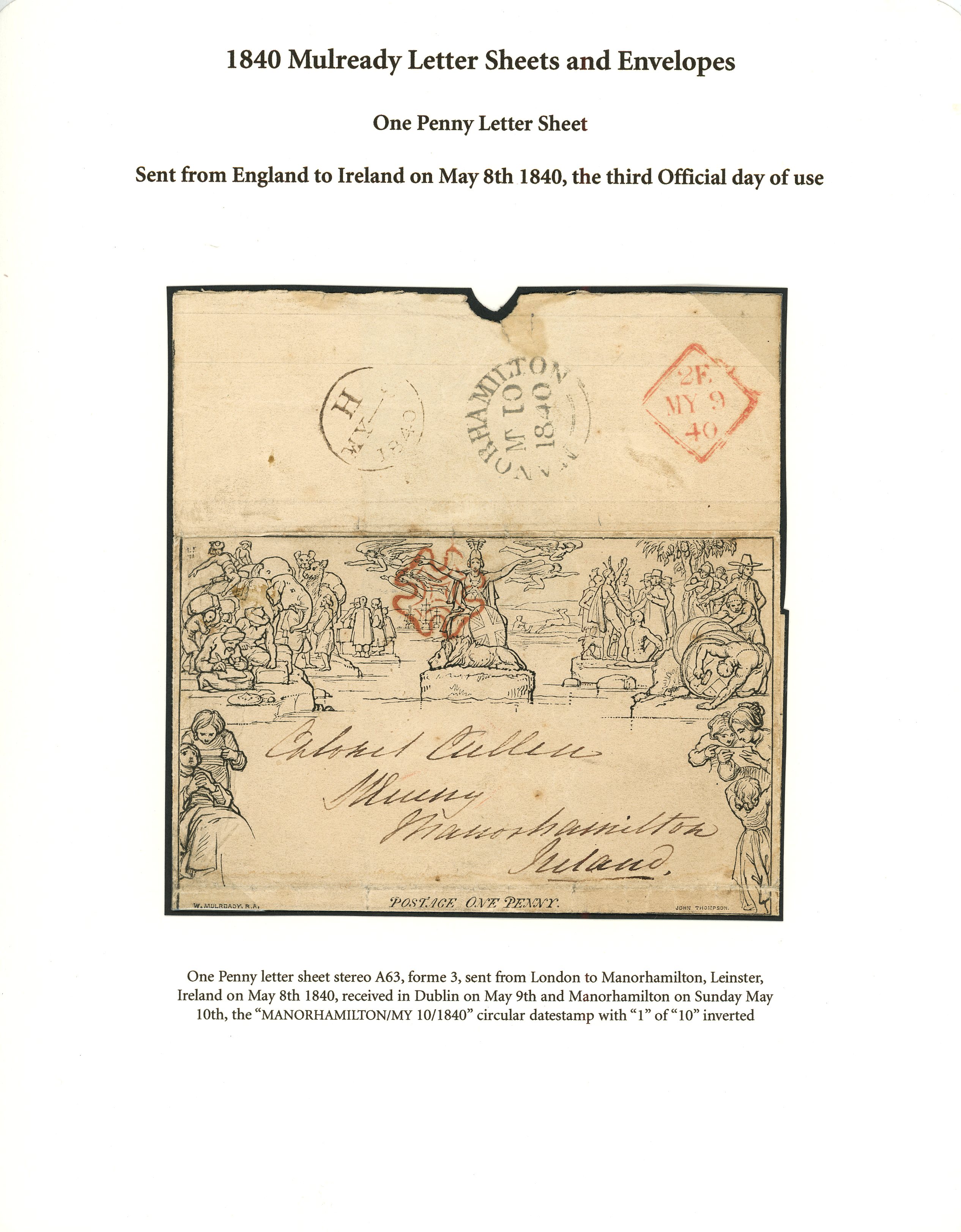 1840 1d black Mulready letter sheet, stereo A63, forme 3, from London to Ireland on May 8th 1840