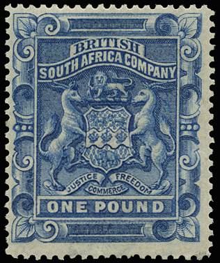 RHODESIA SG 10 1892-93 £1 DEEP BLUE LPOG