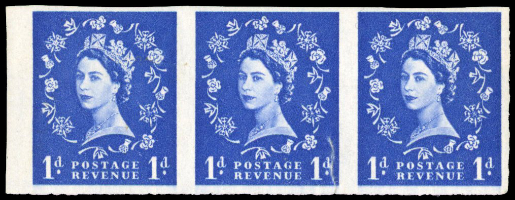 1958-65 1d ultramarine, left margin imperforate strip of three