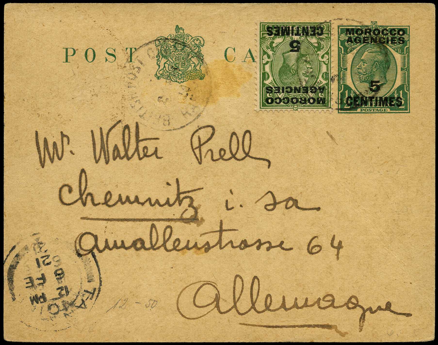 Postcard: 1917 5c on ½d to Germany uprated...