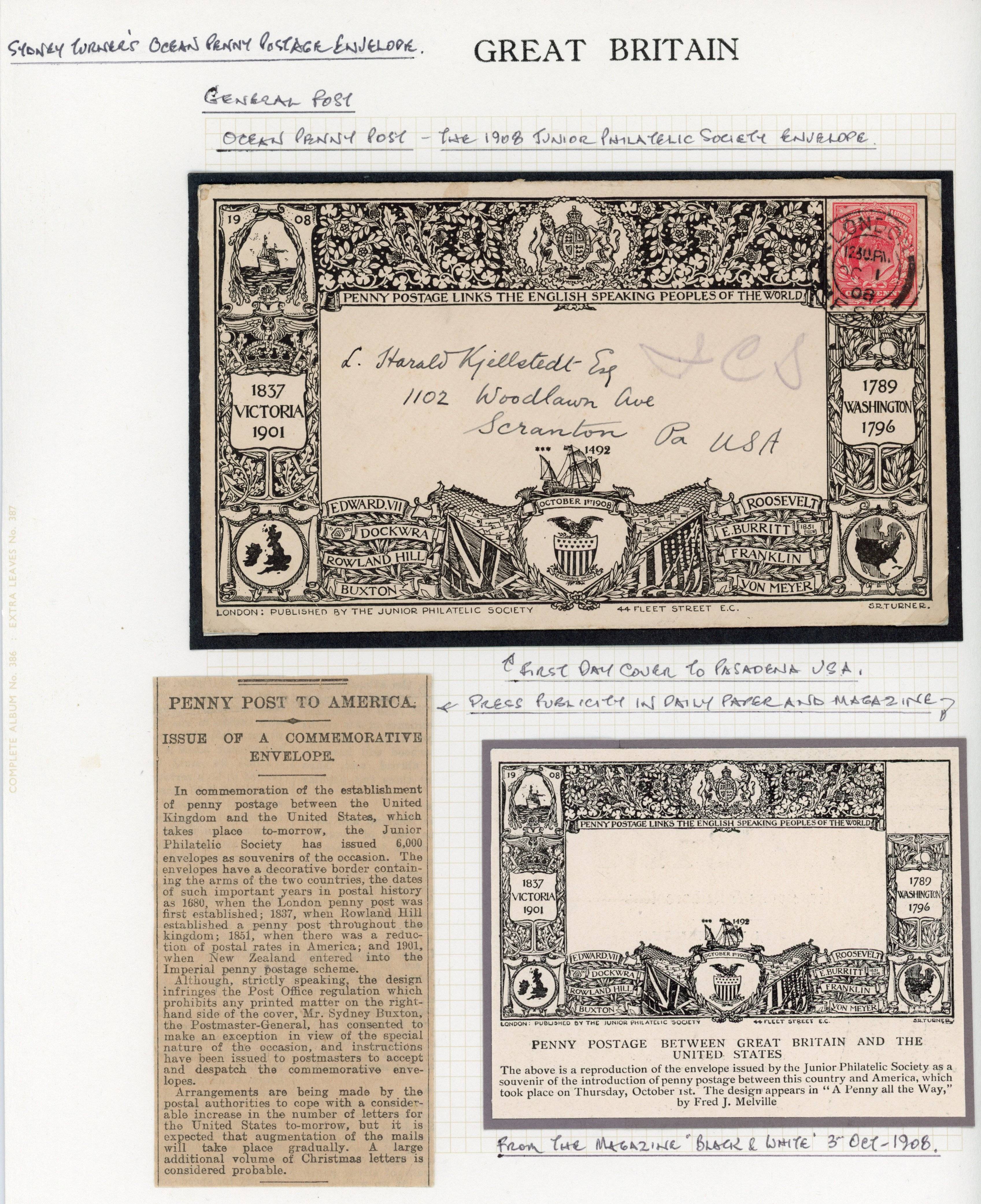 1908 (1 Oct) Junior Philatelic Society printed envelope addressed to the USA
