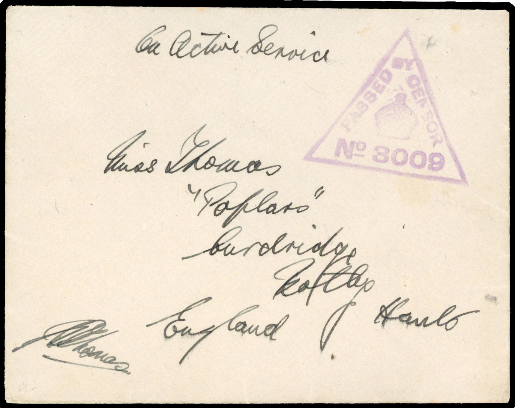 1917 'On Active Service' cover to Hampshire with triangular ‘PASSED BY CENSOR/No. 3009’ handstamp N16 known