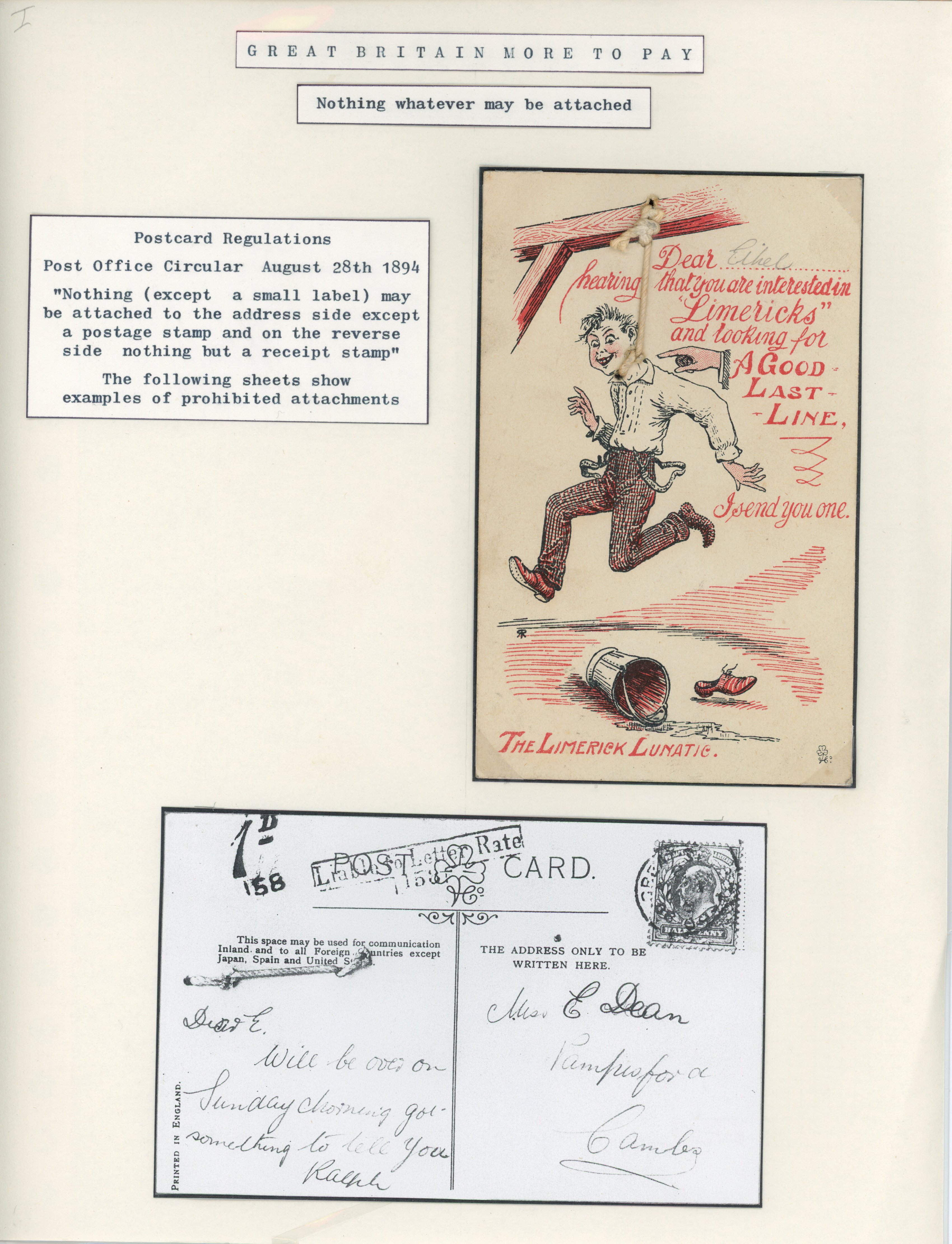 Great Britain 1908 novelty postcard with a string noose attached