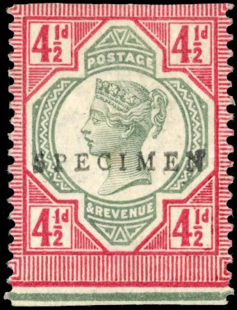 GB 1892 4½d Jubilee Colour Trial (Line Perf 14), optd "SPECIMEN" SG 206var