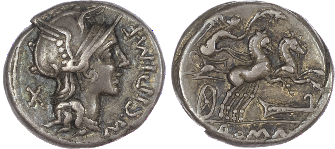 M. Cipius (115-114 BC) AR Denarius, Rome, 3.90g. M•CIPI•M•F, helmeted head of Roma facing right, X (mark of value) behind.