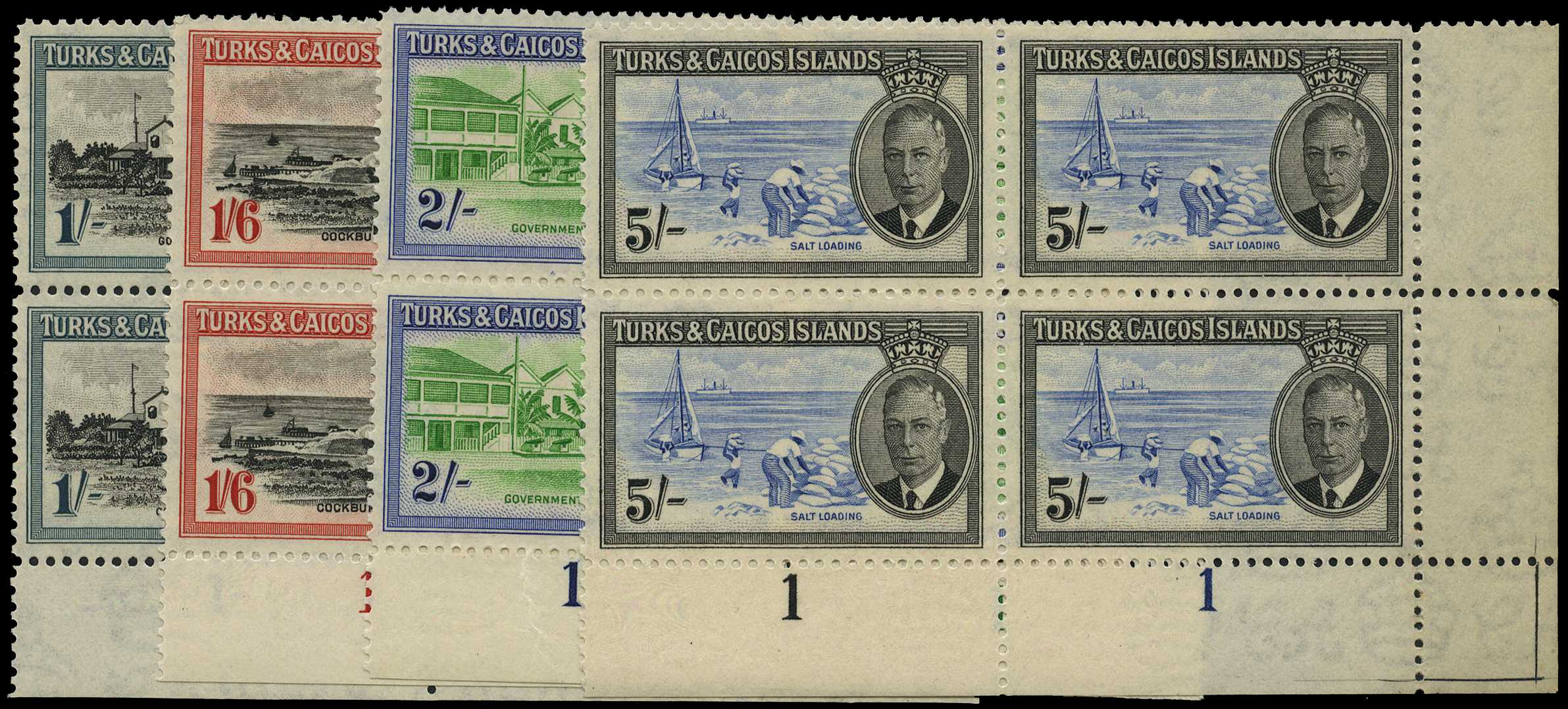 1950 1/- to 5/- Plate 1-1 blocks of four, the...
