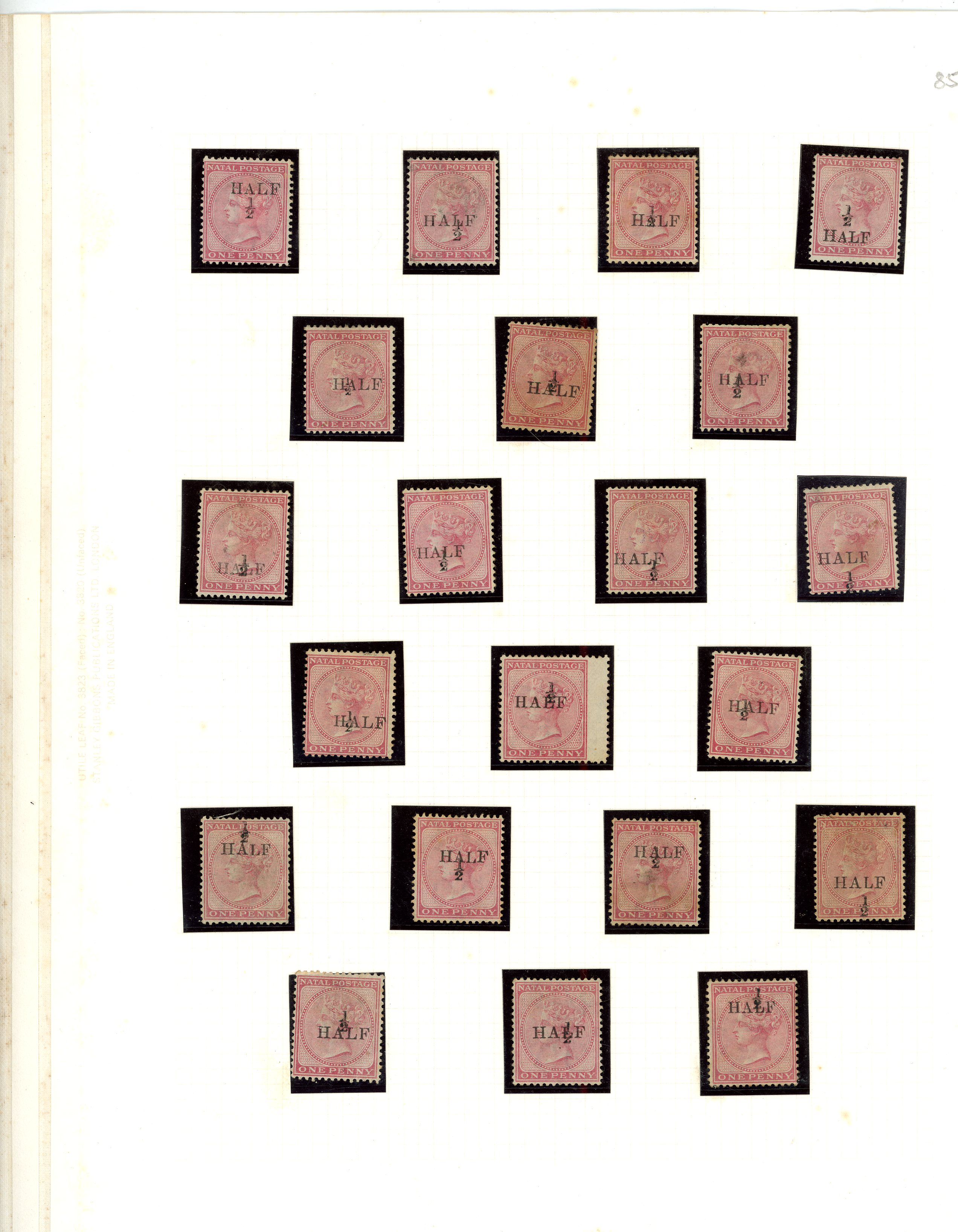1877 'HALF ½' surcharges on 1d rose, an extraordinary range on leaves; distinctly mixed condition, many toned, foxed or...