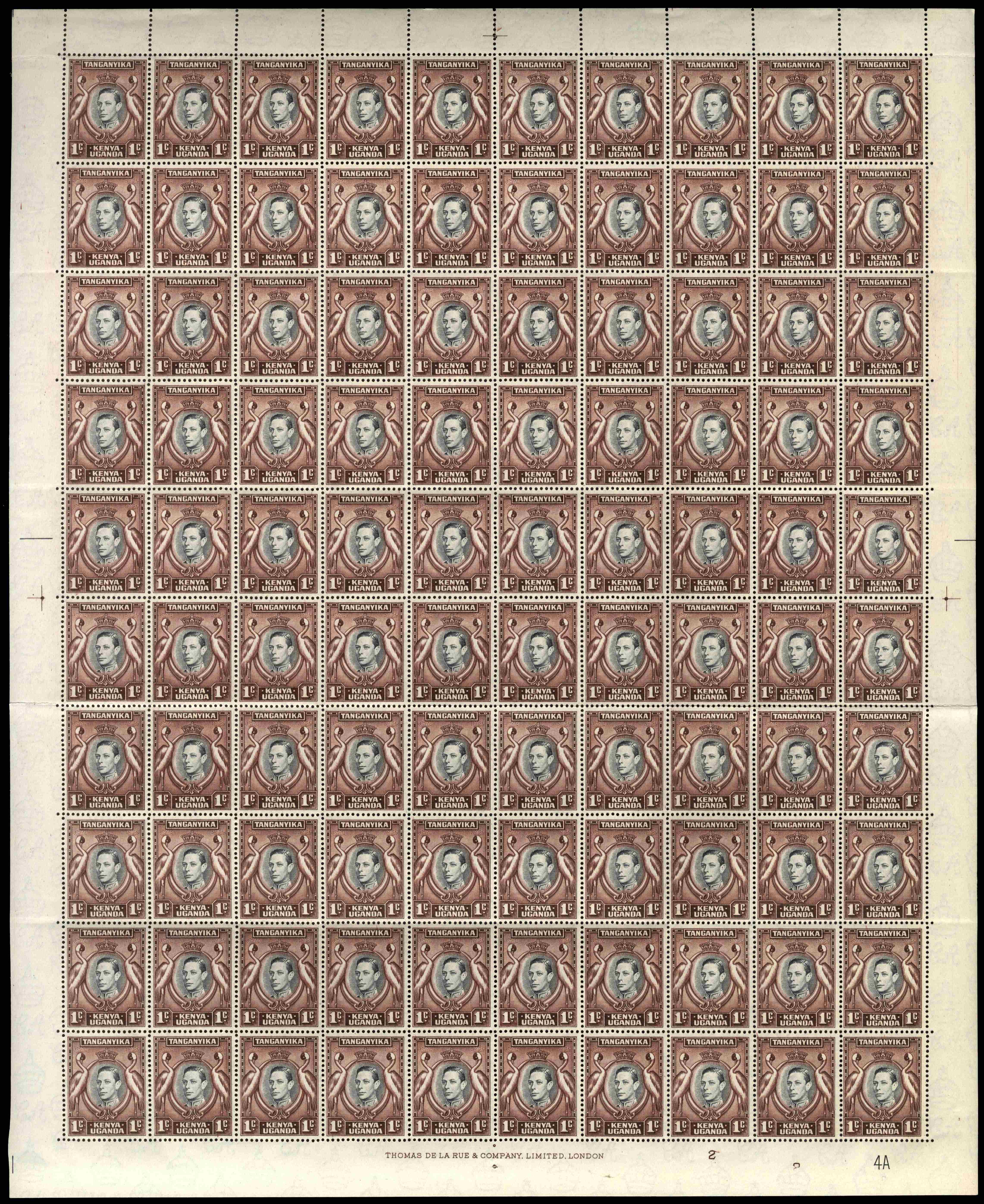 KUT 1938-54 1c Complete Sheet with varieties including missing 'A' of 'CA' in watermark, SG 131a, ab, ad, ae