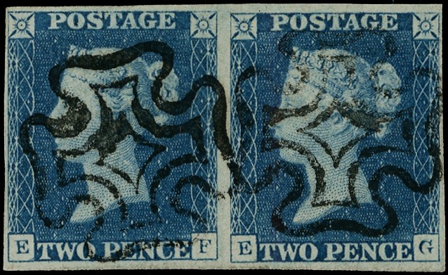 1840 2d blue plate 1, horizontal pair...