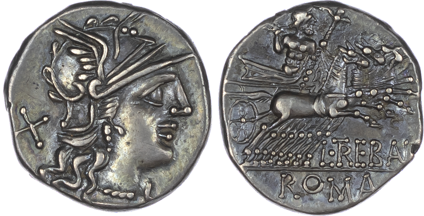 L. Trebanius (135 BC) AR Denarius, Rome, 3.91g. Helmeted head of Roma facing right, X (mark of value) behind. Rev. Jupiter,