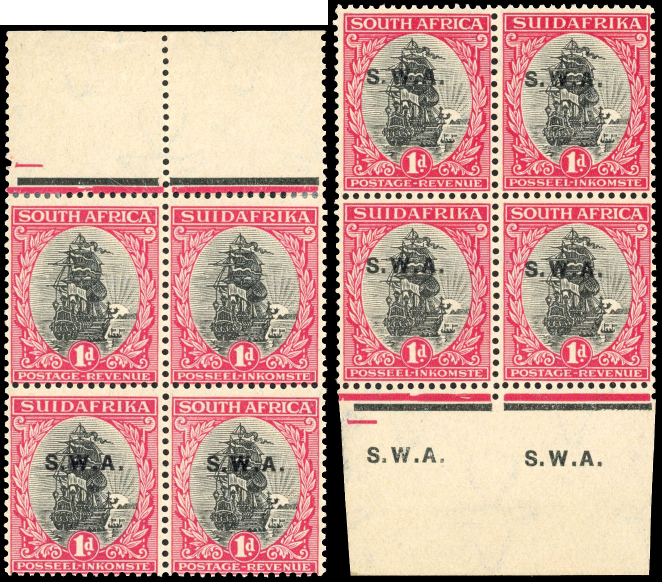 South West Africa SG 59c 1927-30 1d block of 4 overprinted omitted mint