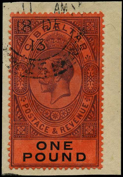 1912-24 £1 purple and black on red paper, used...