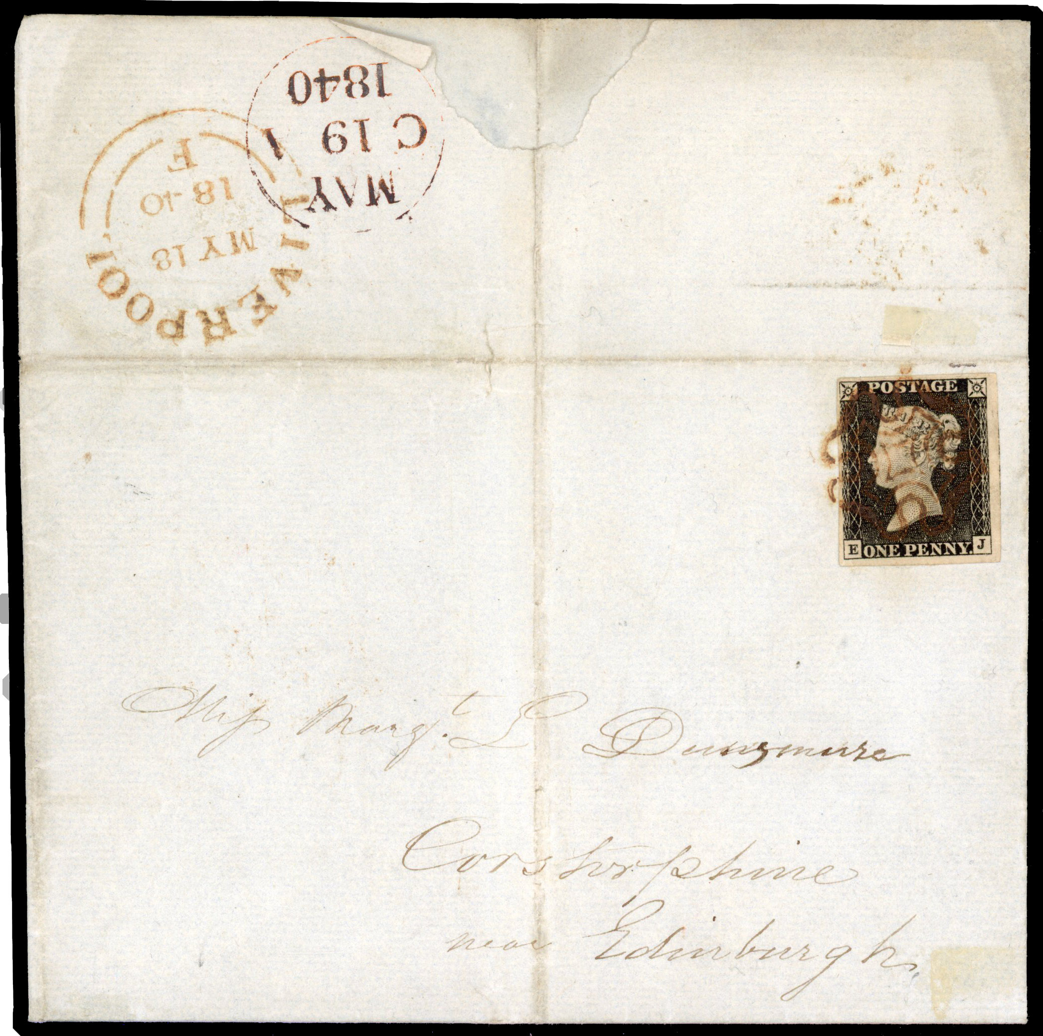 1840 1d Black Pl.1a. “May Date”. Fine entire sent from Liverpool to Edinburgh MY.18.1840