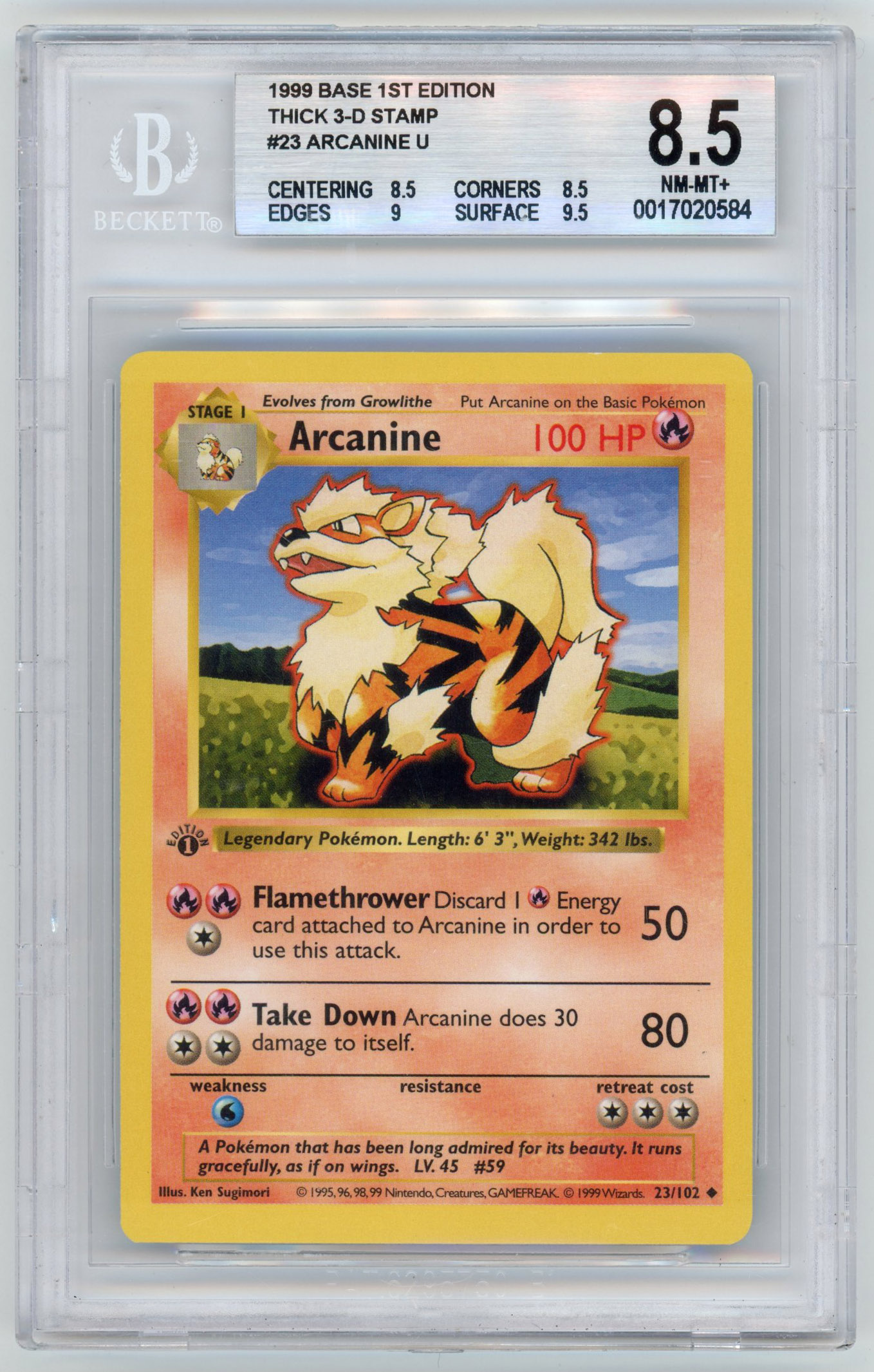 BGS 8.5 Arcanine #23 Base Set 1st Edition (Thick Stamp)