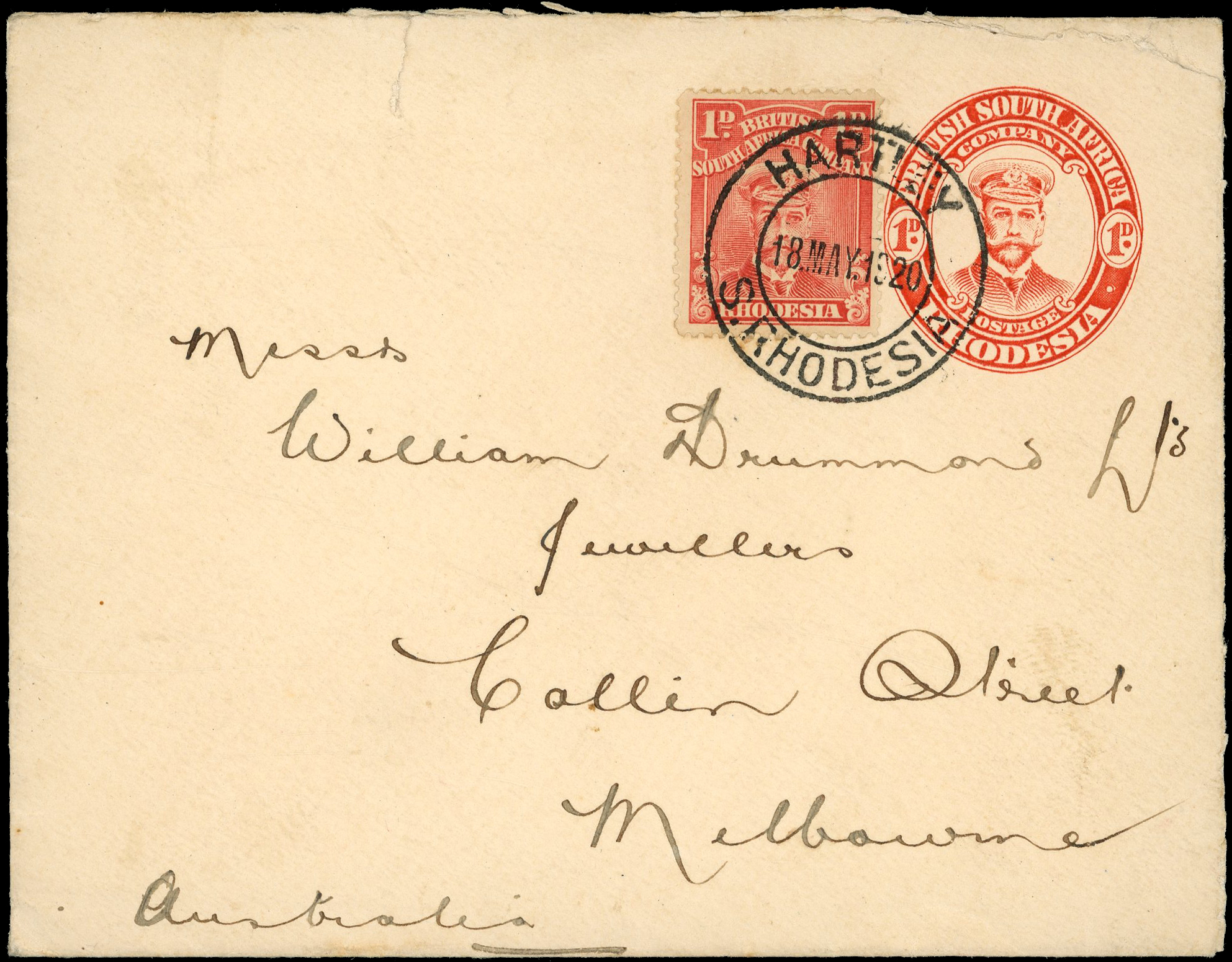 1920 1d red "Admiral" envelope used from Hartley to Australia