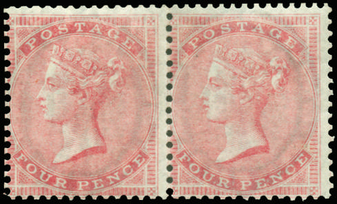 Great Britain 1857 4d Rose. Exceptionally fine and fresh unused o.g. horizontal pair. Lovely colour and gum, scarc…