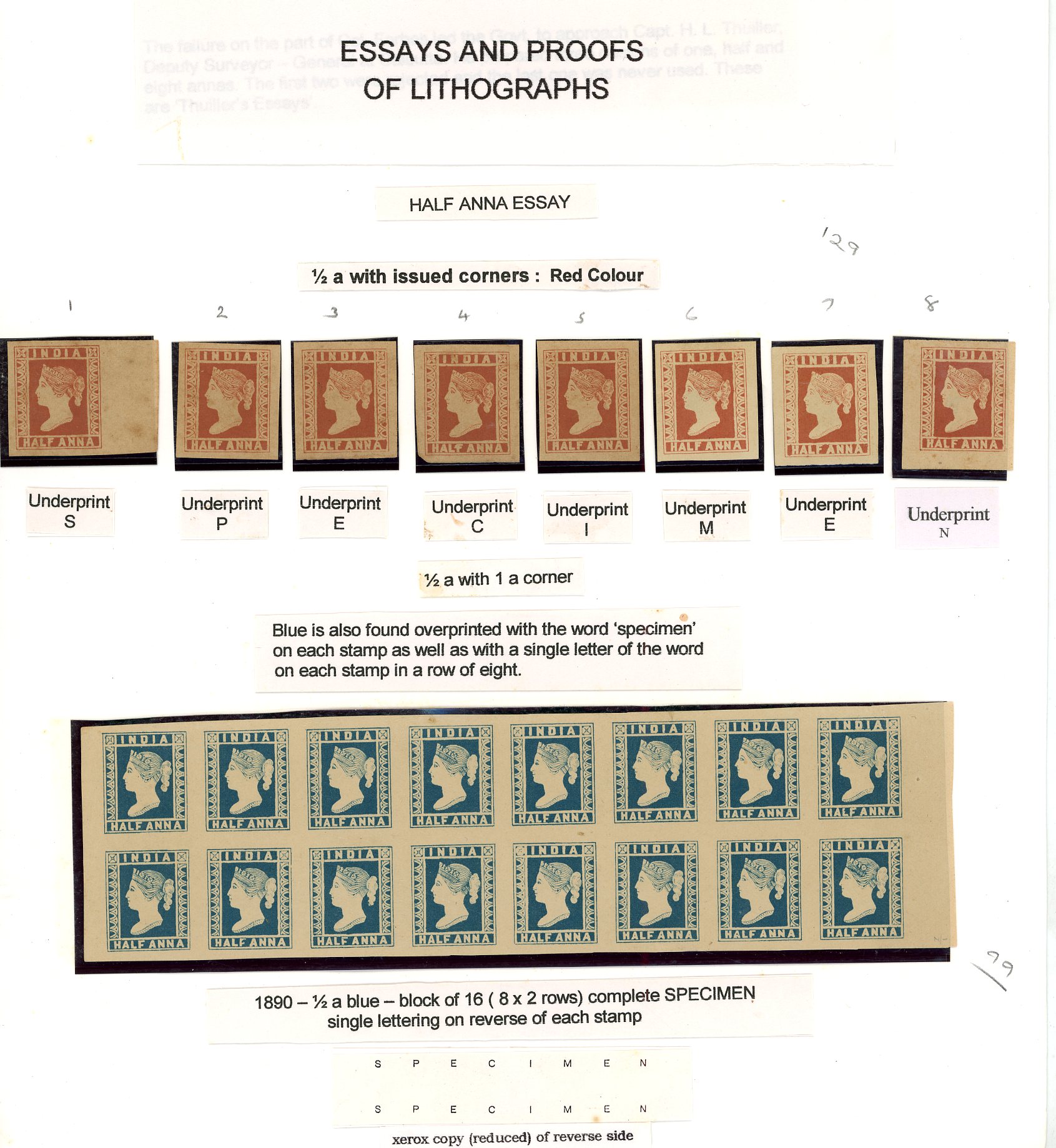 India 1890 ½a reprints collection Spence 99 & 129