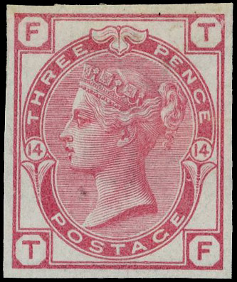 1874 3d Rose Pl.14. Very fine unused imperforate imprimatur lettered TF. Scarce one of only 22 possible examples in priv…