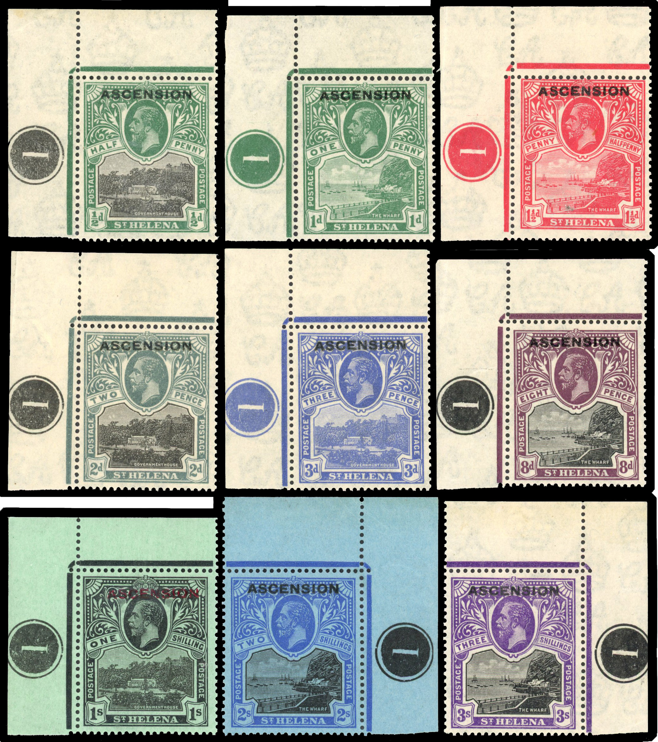 Ascension 1922 ½d to 3s set of 9 matching plate number singles SG1/9