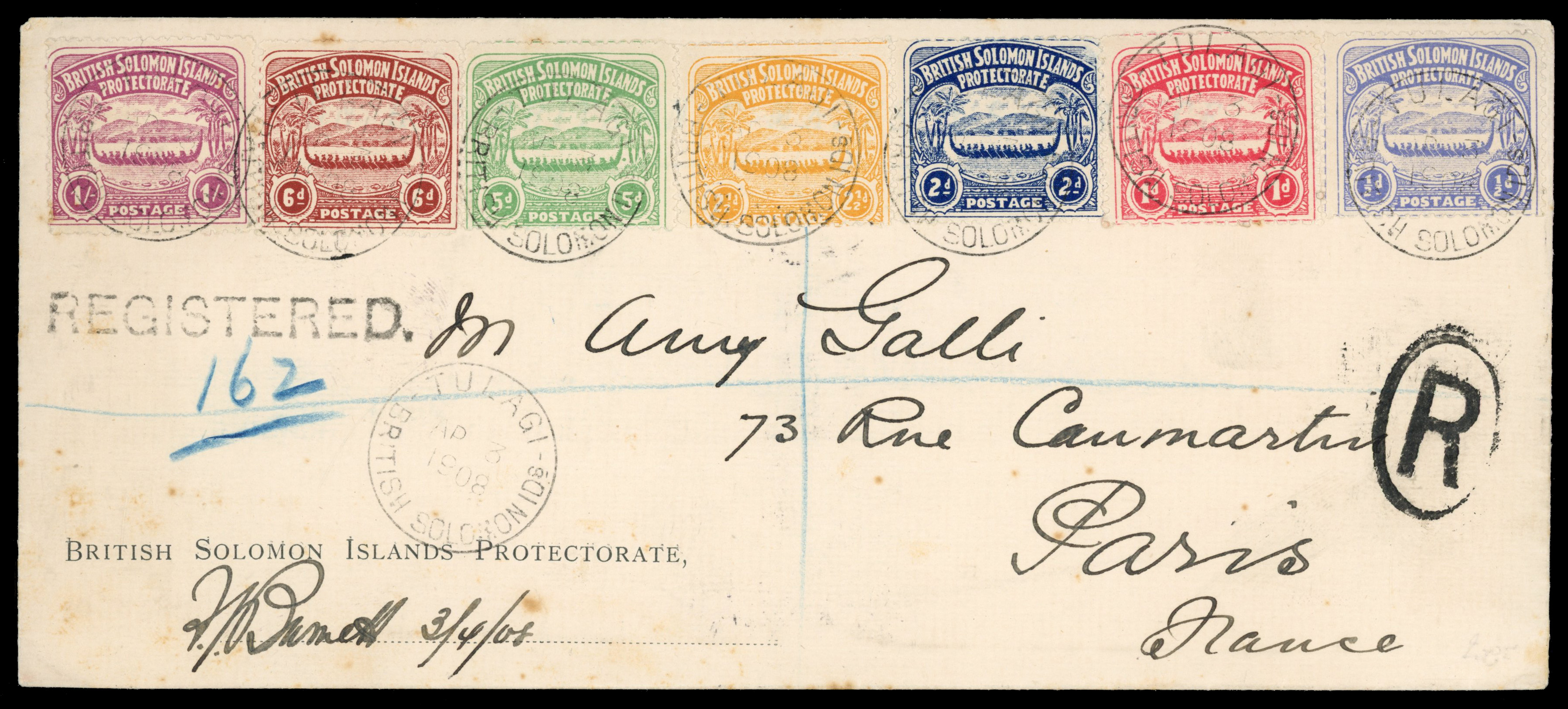 Solomon Islands SG 1-7 on 1908 cover
