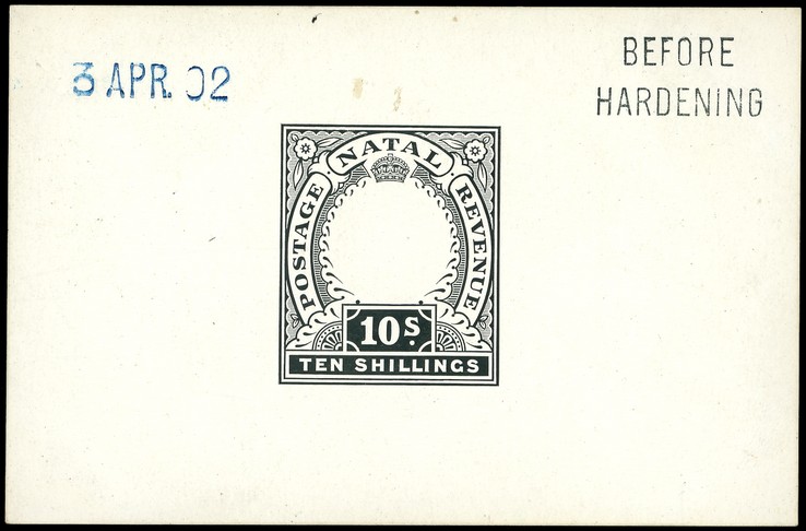 1902 Die Proof of 10/- Duty Plate in black on glazed card 93 x 60mm, dated 3 APR. 02 in blue and marked BEFORE HARDENING. ...