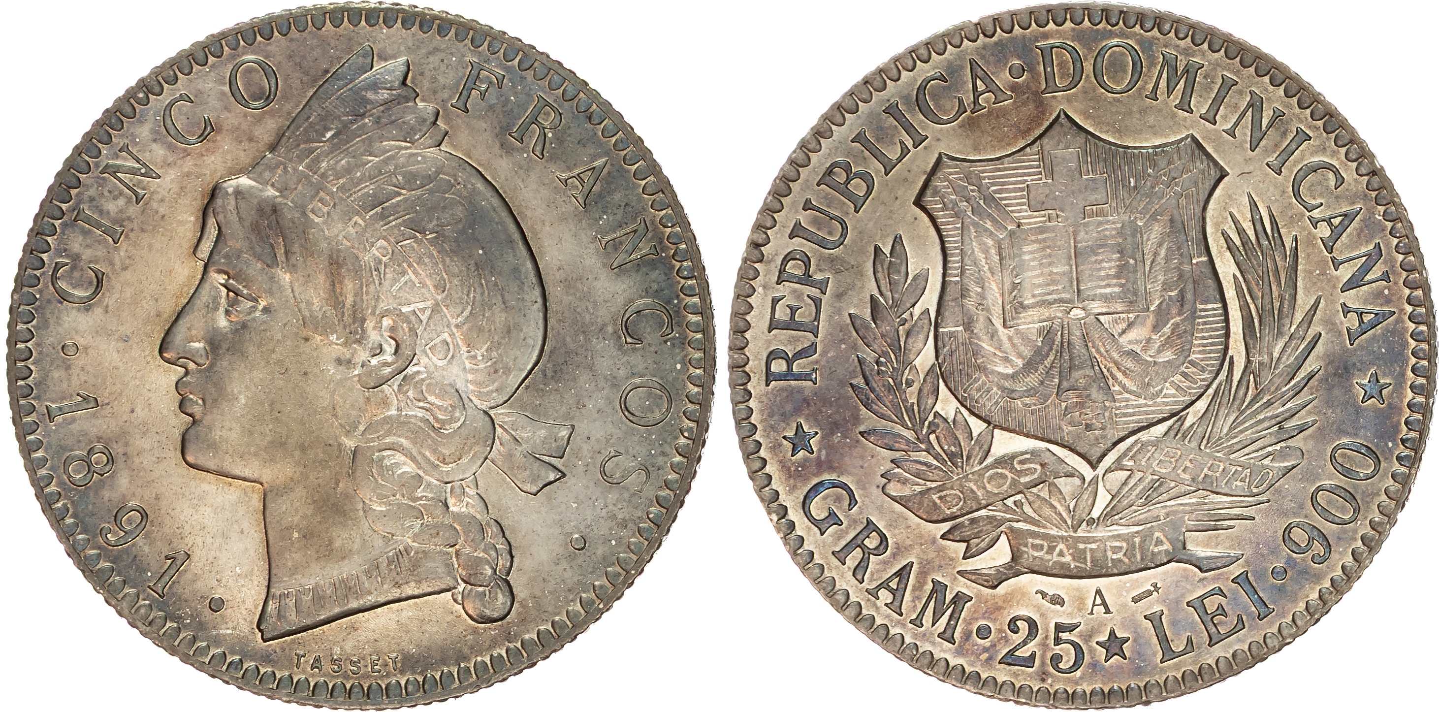 Dominican Republic, silver 5 Francs, 1891 A